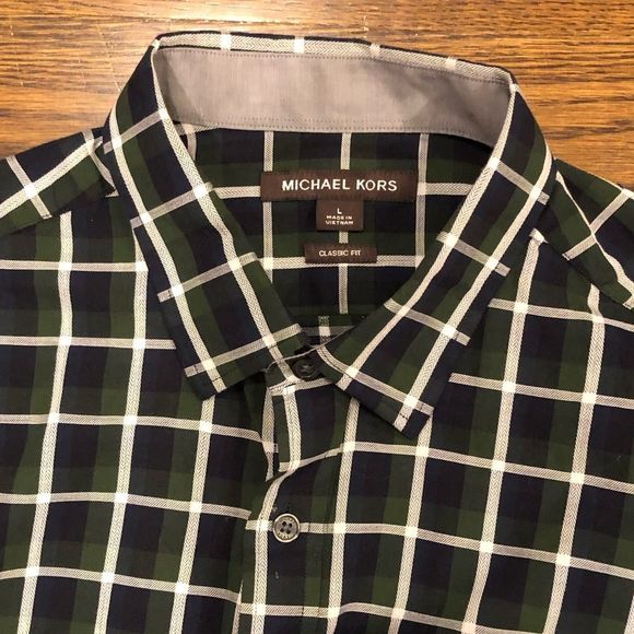 MICHAEL KORS Men’s Blue Green White Plaid Long Sleeve Button Down Shirt Sz LRG - Picture 4 of 11